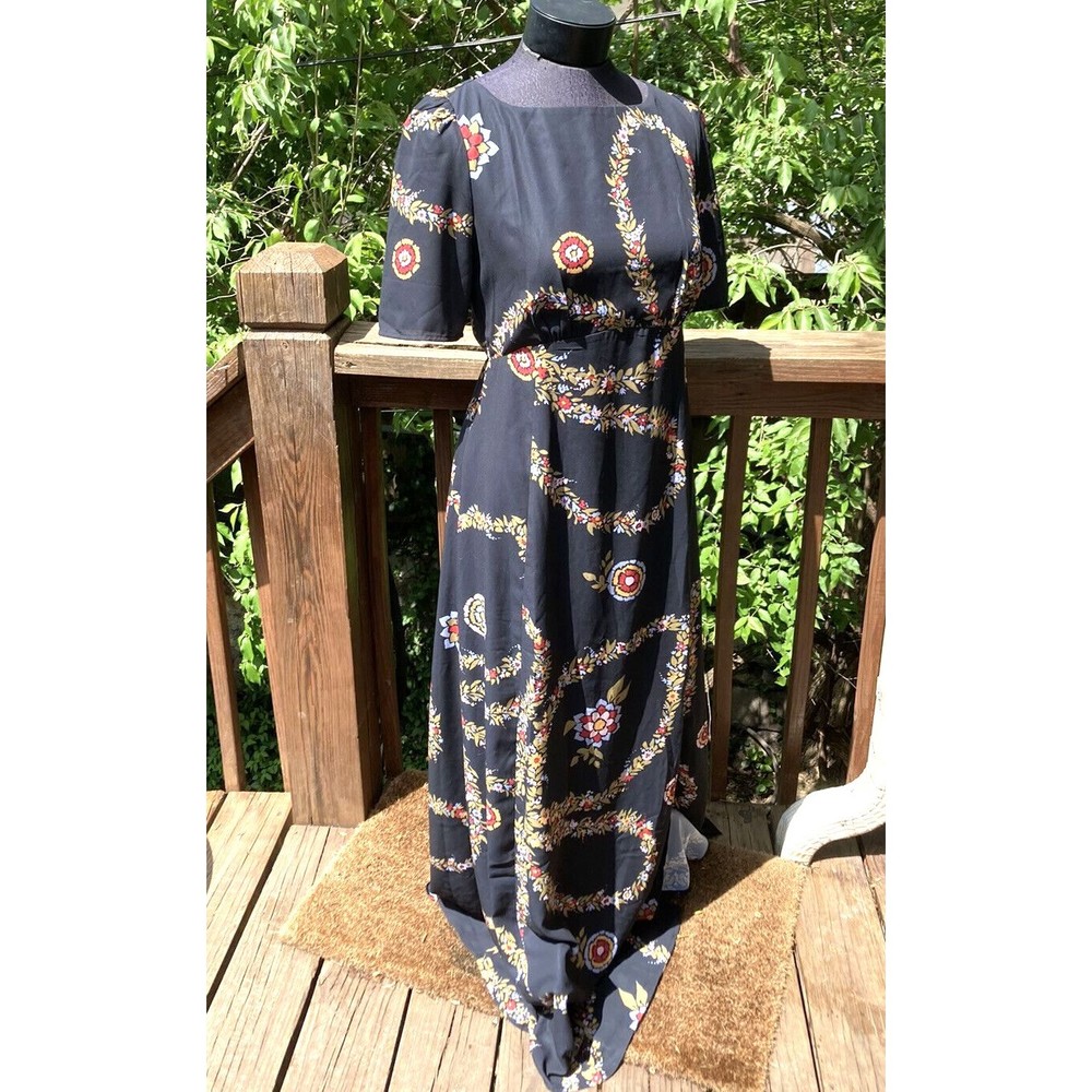 New W Tags ModCloth Black Floral Maxi Dress Open Back Hippie Boho Retro Sz Small